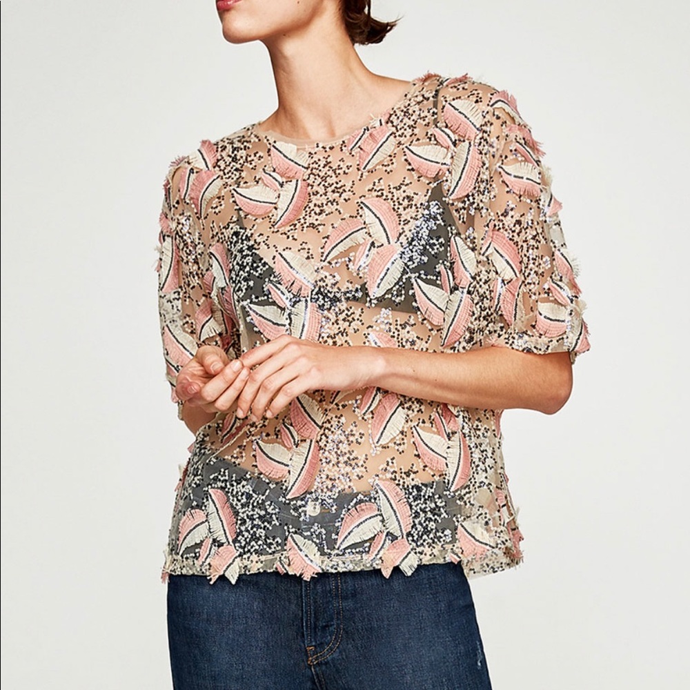 Zara SEQUINNED TULLE T - SHIRT